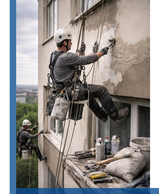 Косметический ремонт фасада зданий в Анапе промышленными альпинистами