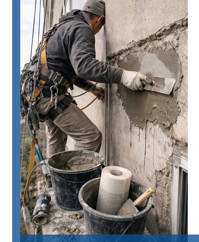 Ремонт бетонных элементов фасада промышленными альпинистами в Анапе