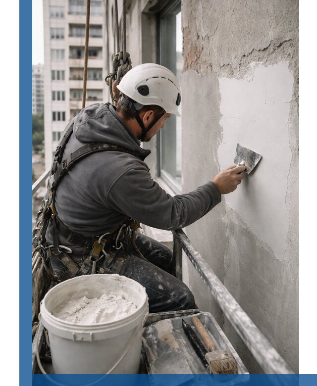 Шпаклевка фасадов на высоте с промальпинистами в Анапе