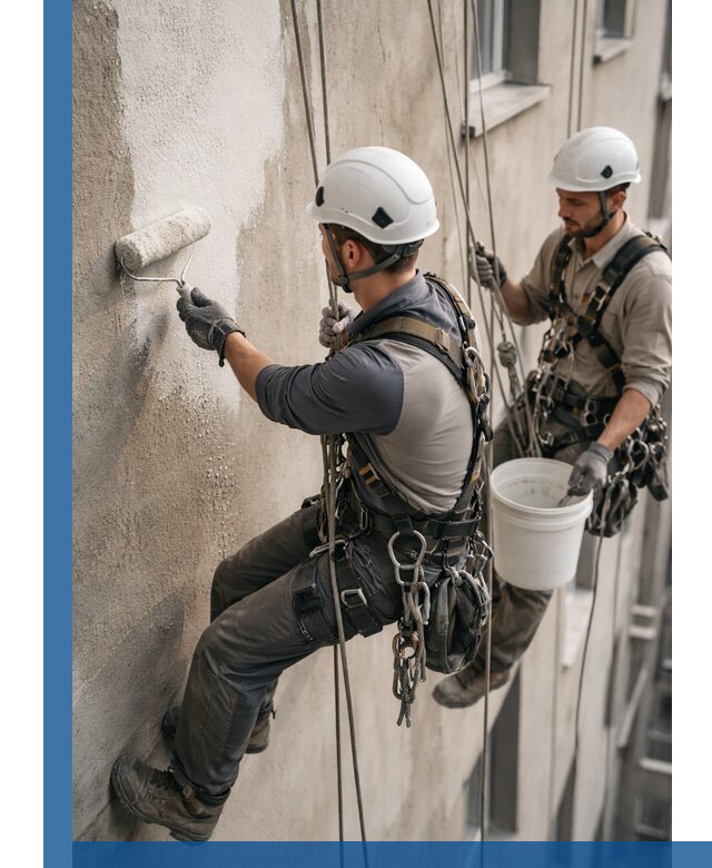 Грунтовка фасада на высоте в Анапе промышленными альпинистами