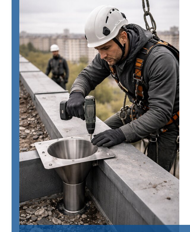 Монтаж водосточных воронок в Анапе для промышленных зданий