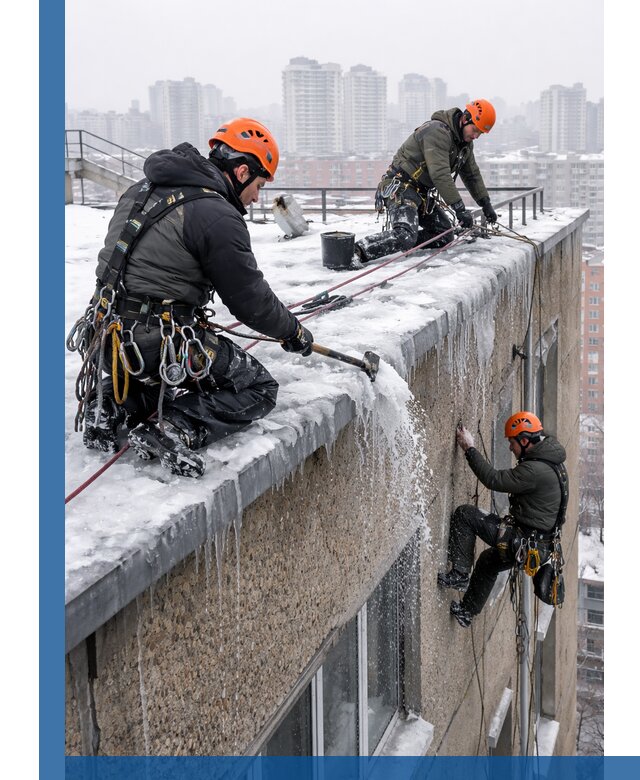 Удаление наледи с кровли в Анапе промышленными альпинистами