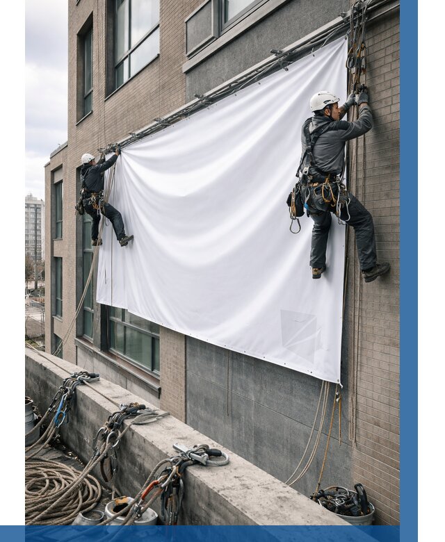 Монтаж баннеров на фасаде в Анапе от 675 р. заказать ВЫСОТНИК-Нпа