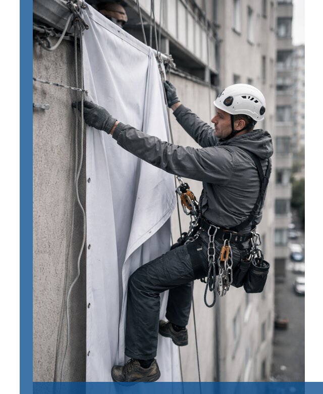 Замена баннерного полотна промышленными альпинистами в Анапе