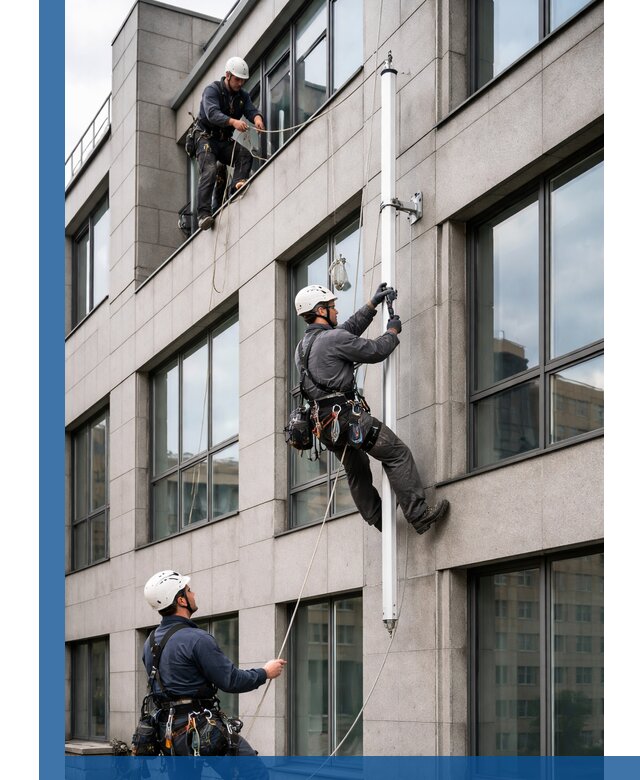 Монтаж флагштока на фасаде здания с креплением и герметикой в Анапе