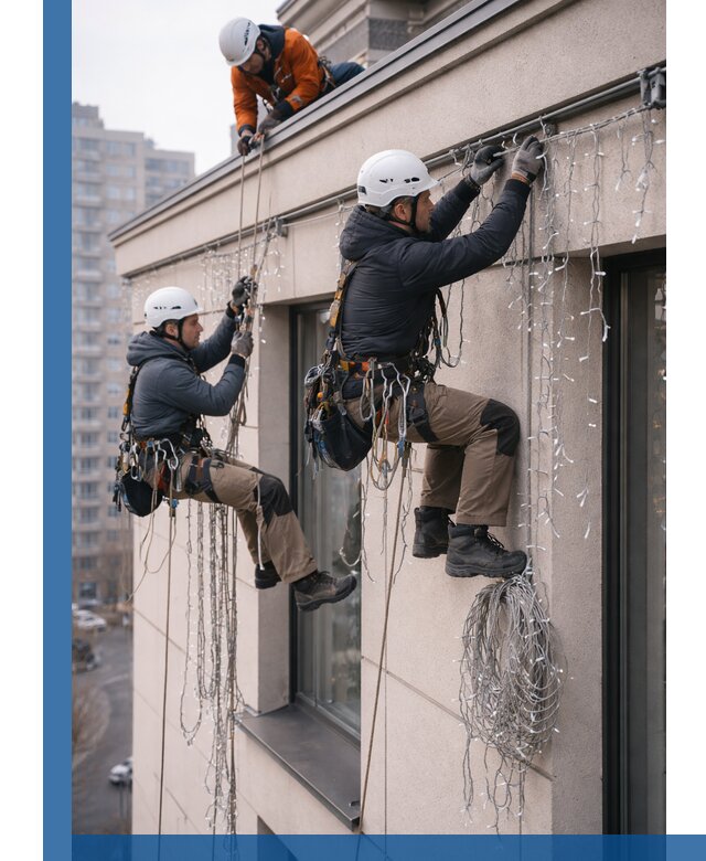 Монтаж праздничных гирлянд на фасаде в Анапе для зданий