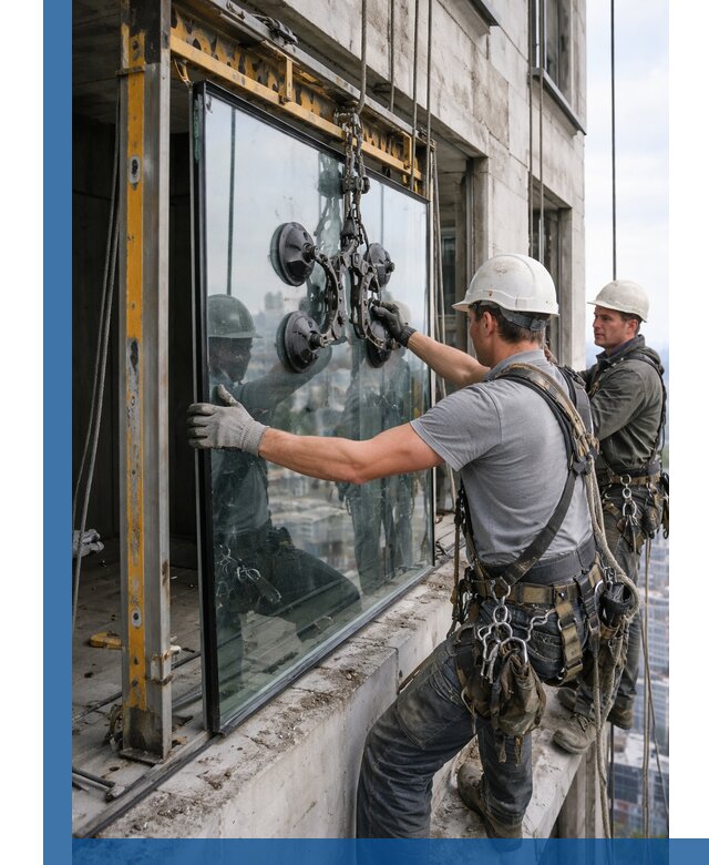 Монтаж стеклопакетов на высоте в Анапе с промышленным альпинизмом