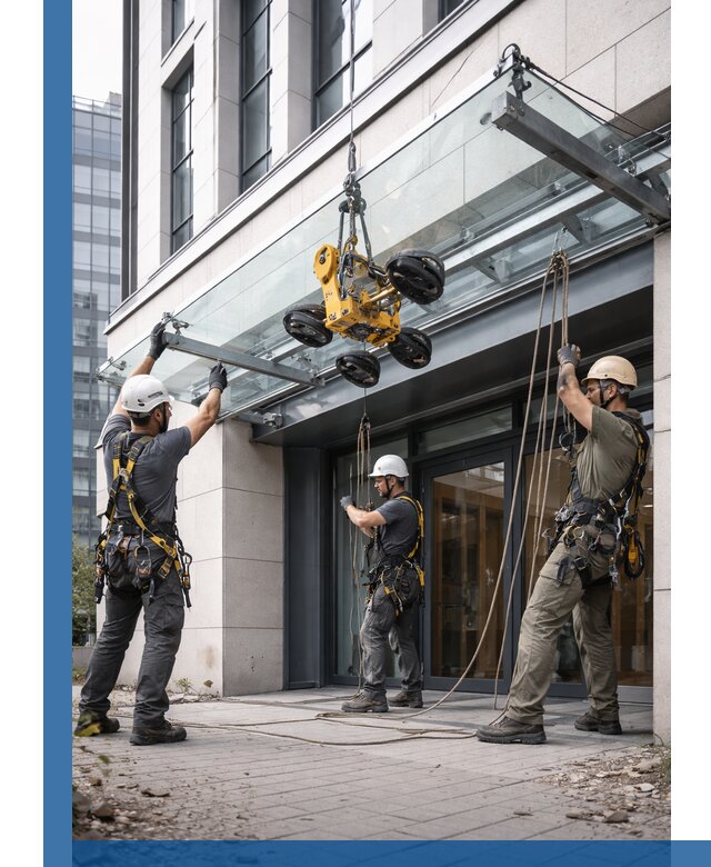 Монтаж стеклянных козырьков под ключ в Анапе для зданий