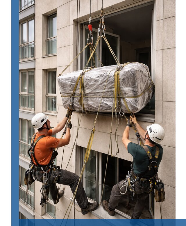 Подъем грузов через окно в Анапе промышленными альпинистами